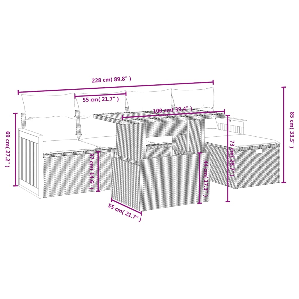 6-delige Loungeset met kussens poly rattan grijs