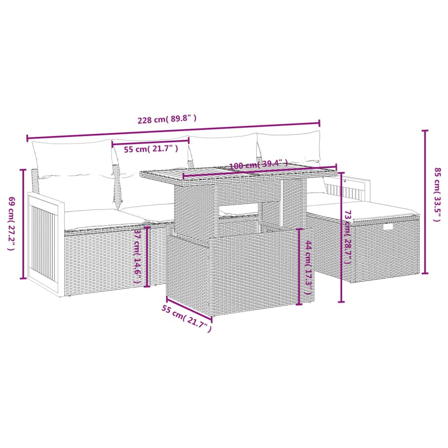 6-delige Loungeset met kussens poly rattan grijs