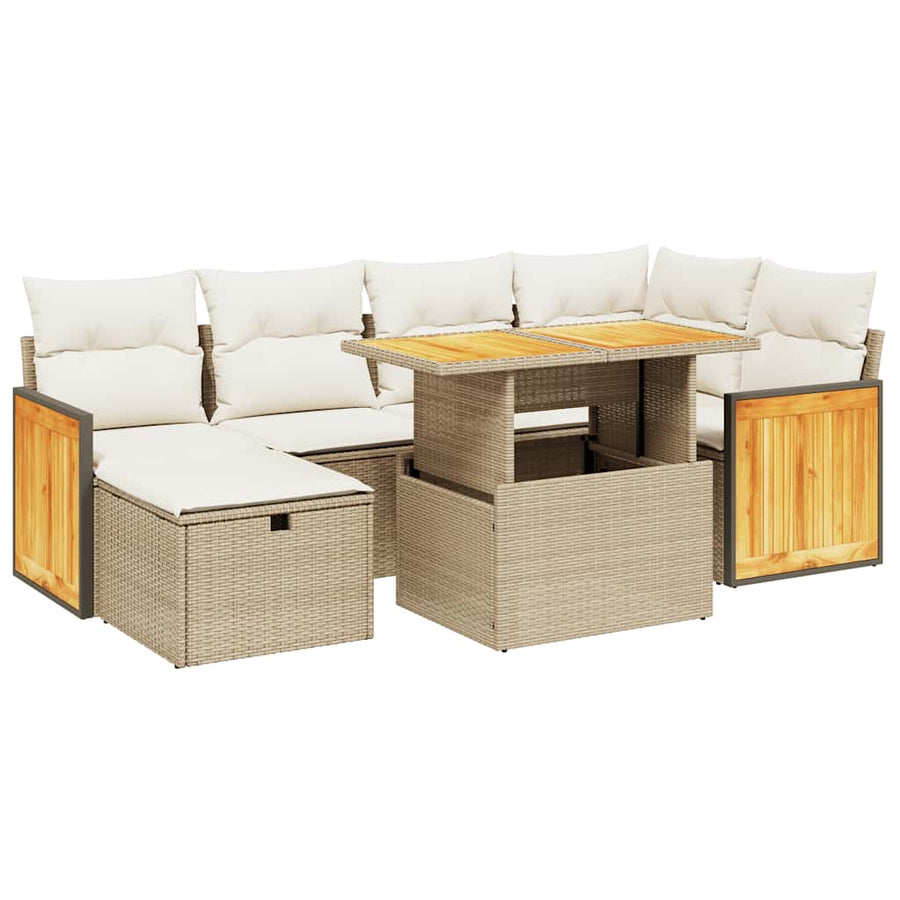 7-delige Loungeset met kussens poly rattan beige