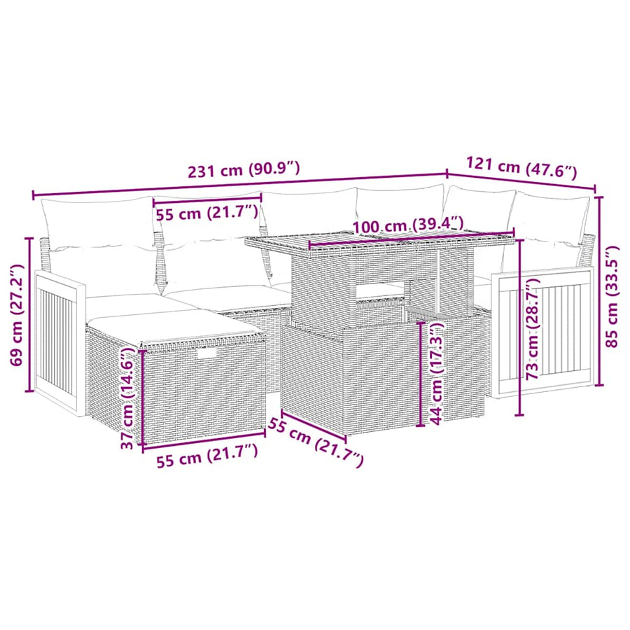 7-delige Loungeset met kussens poly rattan beige