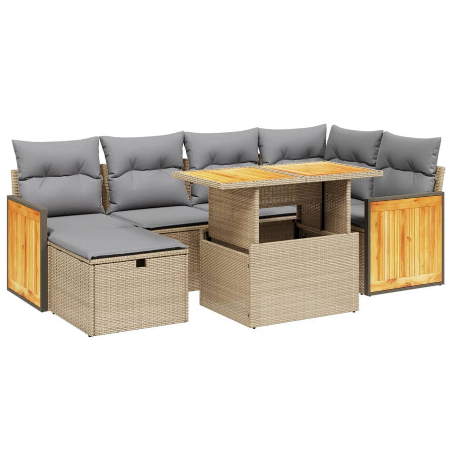 7-delige Loungeset met kussens poly rattan beige