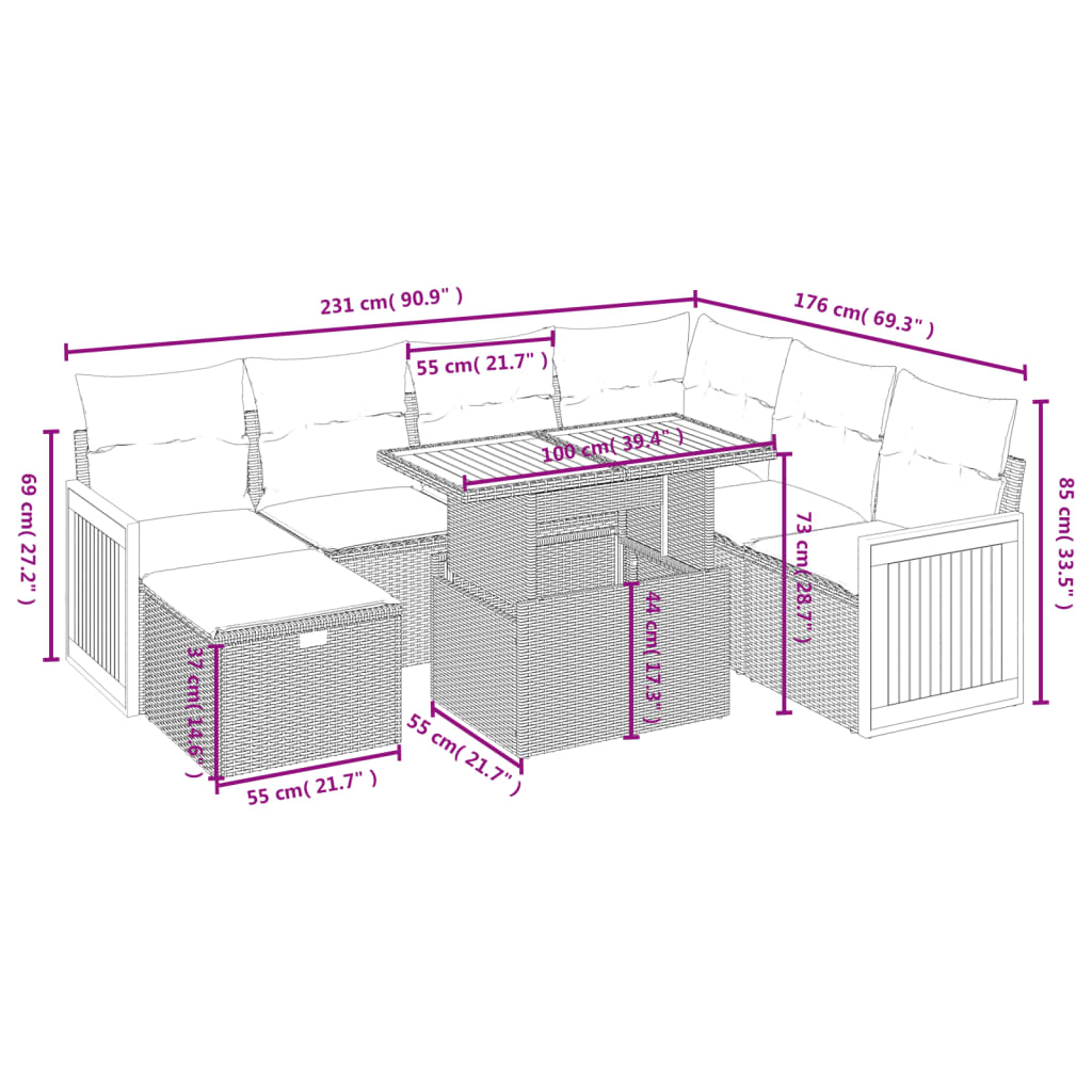 8-delige Loungeset met kussens poly rattan beige