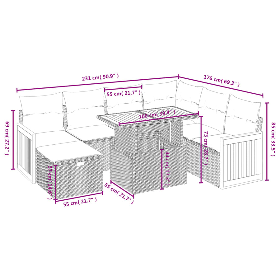 8-delige Loungeset met kussens poly rattan beige