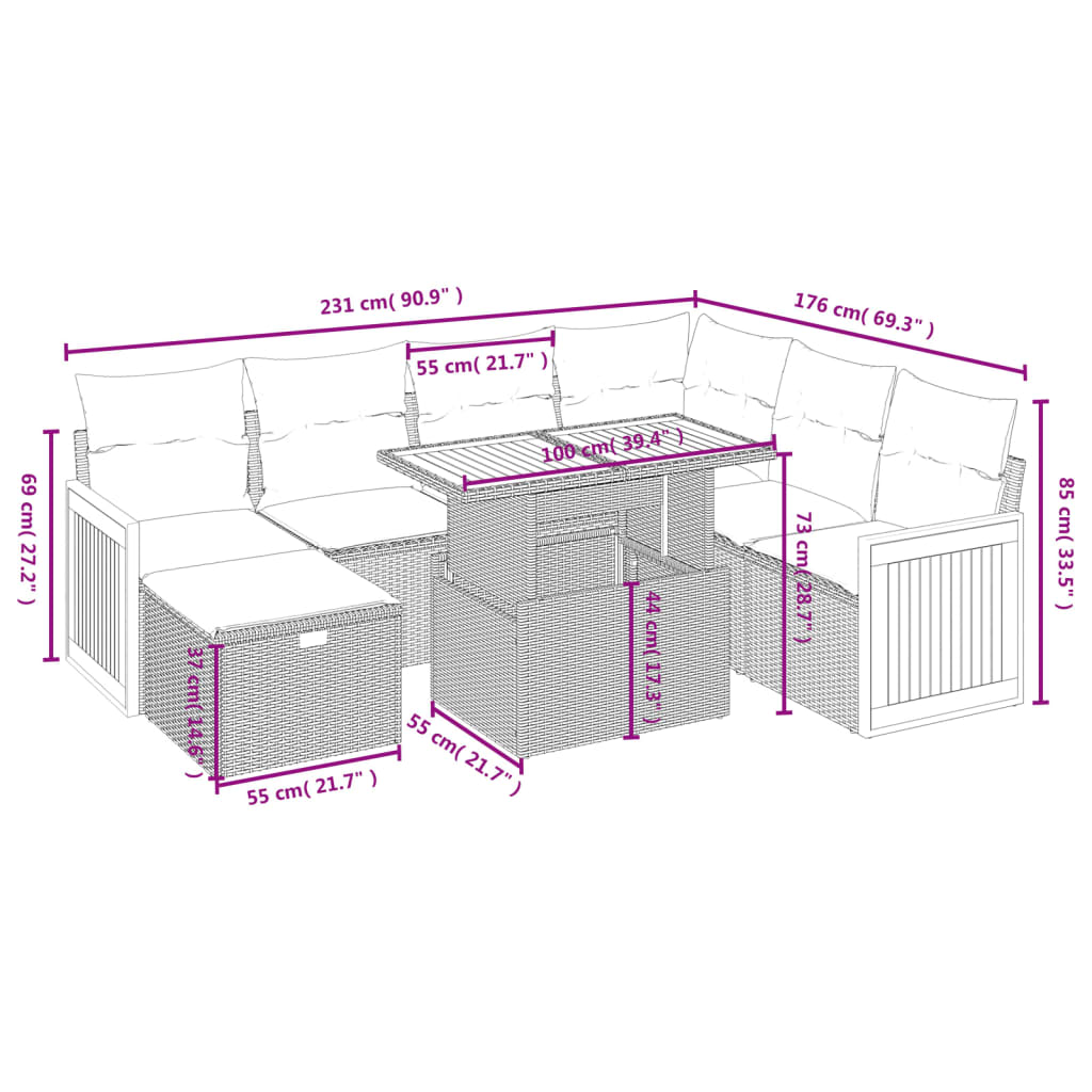 8-delige Loungeset met kussens poly rattan grijs