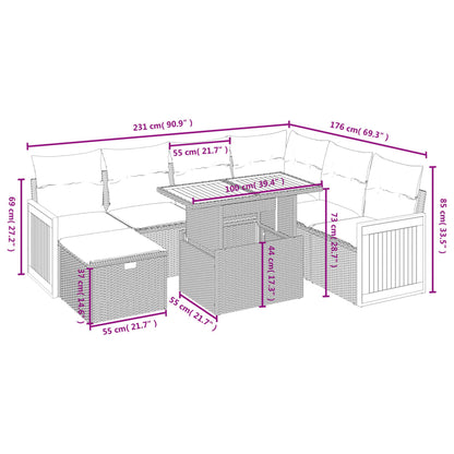 8-delige Loungeset met kussens poly rattan grijs