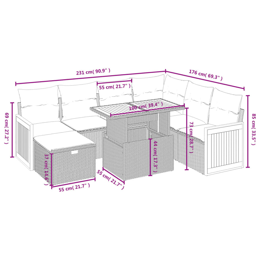8-delige Loungeset met kussens poly rattan grijs