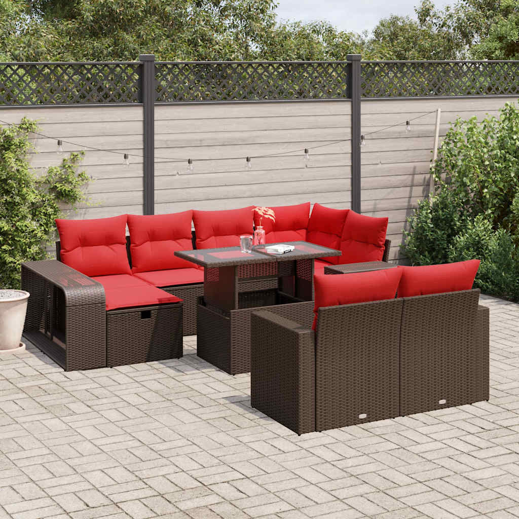 11-delige tuinbankset met kussens, bruin polyrotan