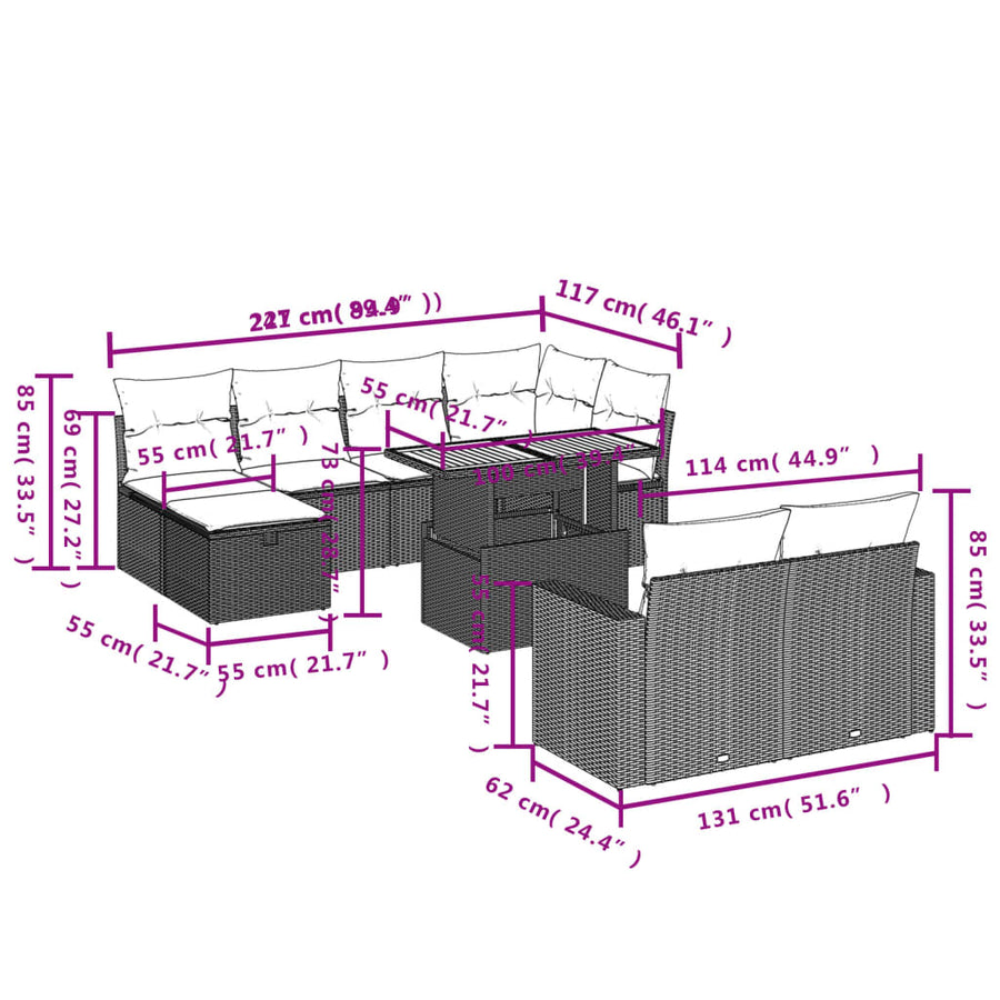 11-delige Tuinset met kussens poly rattan beige