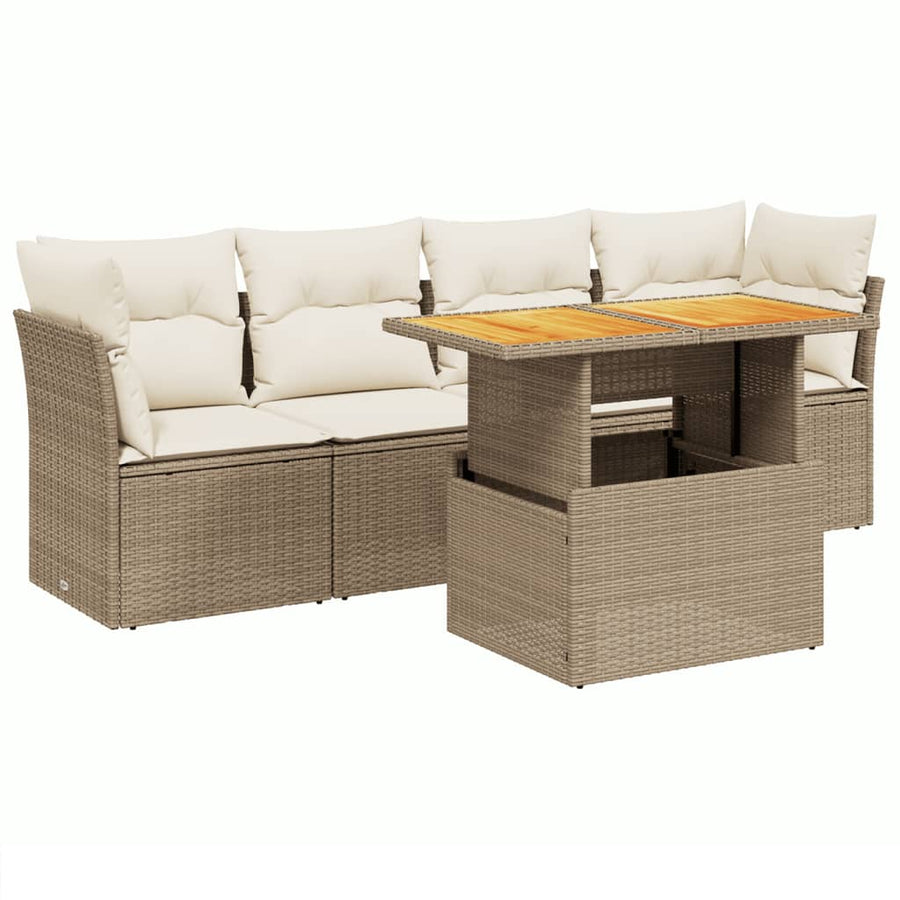 5-delige Loungeset met kussens poly rattan beige