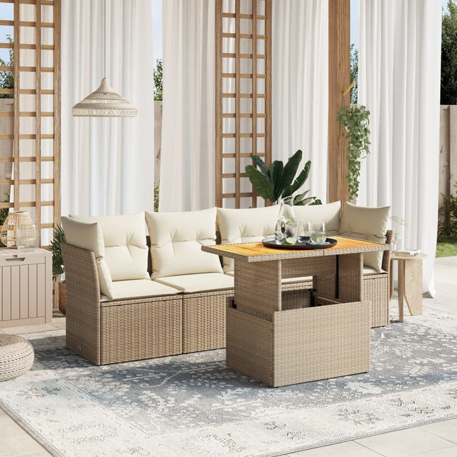 5-delige Loungeset met kussens poly rattan beige