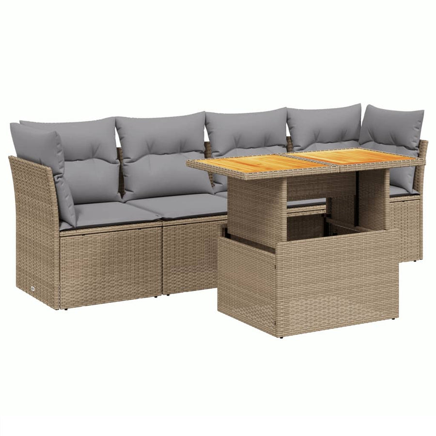 5-delige Loungeset met kussens poly rattan beige