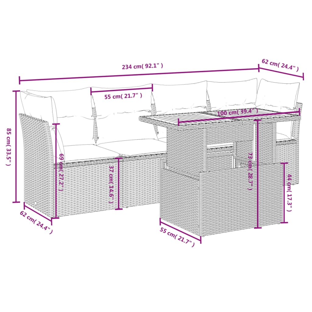 5-delige Loungeset met kussens poly rattan grijs