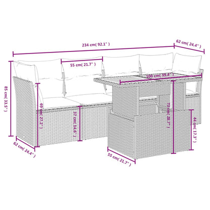 5-delige Loungeset met kussens poly rattan grijs