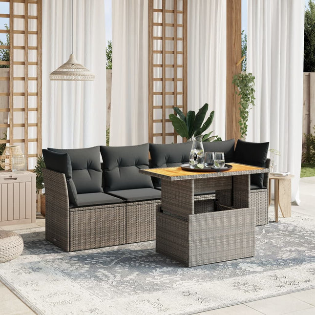 5-delige Loungeset met kussens poly rattan grijs