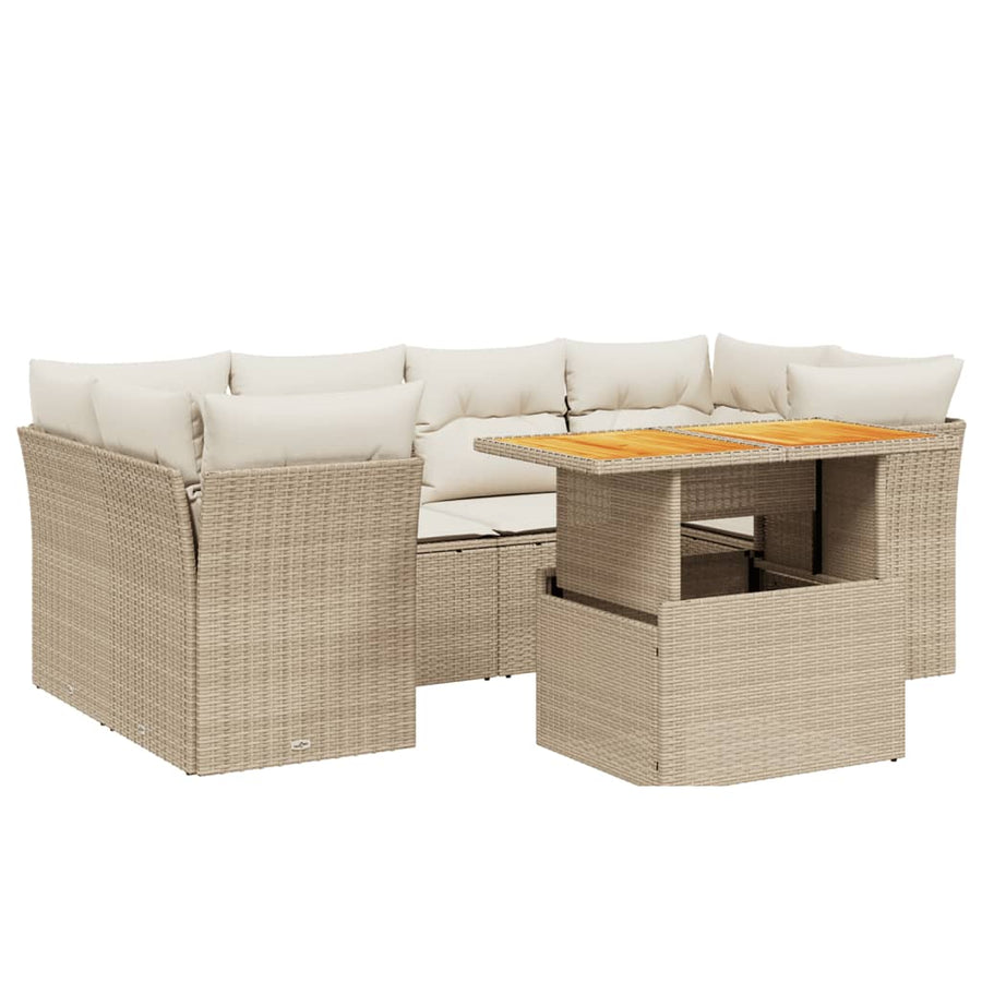 7-delige Loungeset met kussens poly rattan beige