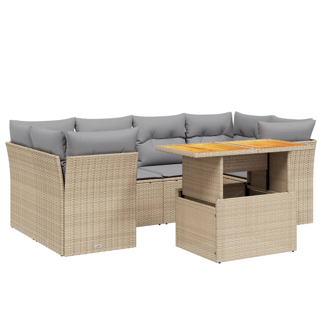 7-delige Loungeset met kussens poly rattan beige