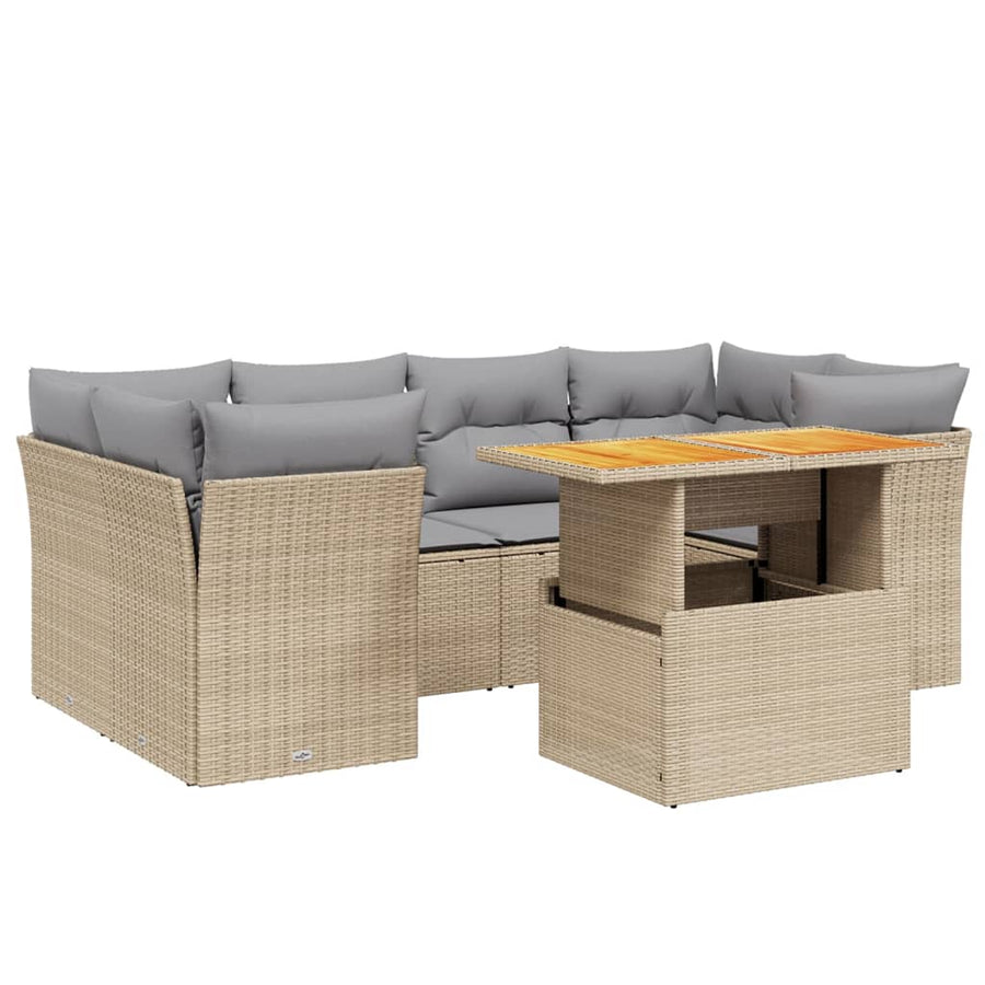 7-delige Loungeset met kussens poly rattan beige