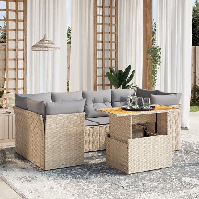 7-delige Loungeset met kussens poly rattan beige