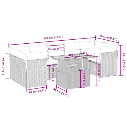 8-delige Loungeset met kussens poly rattan grijs