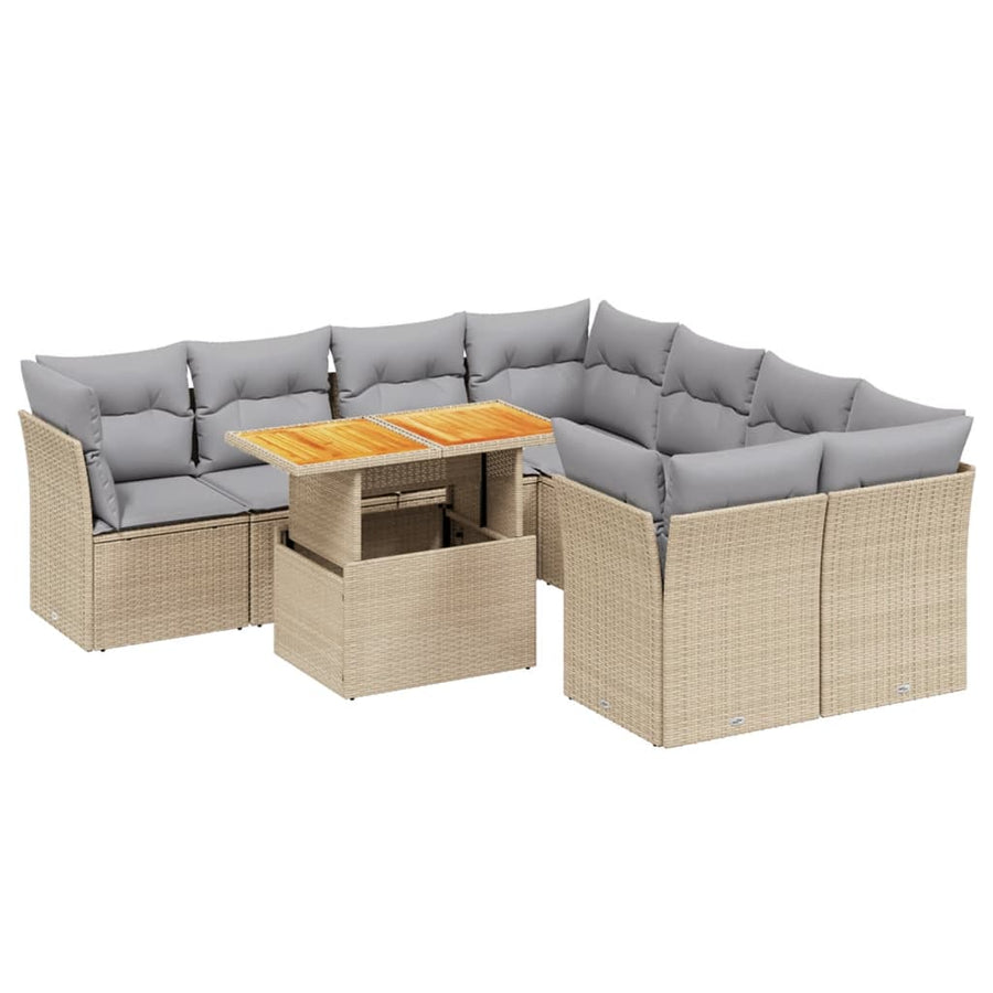 9-delige Loungeset met kussens poly rattan beige