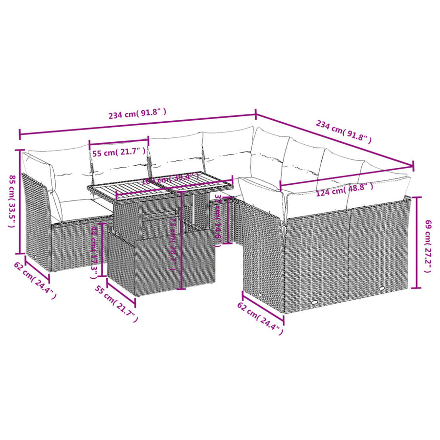 9-delige Loungeset met kussens poly rattan grijs