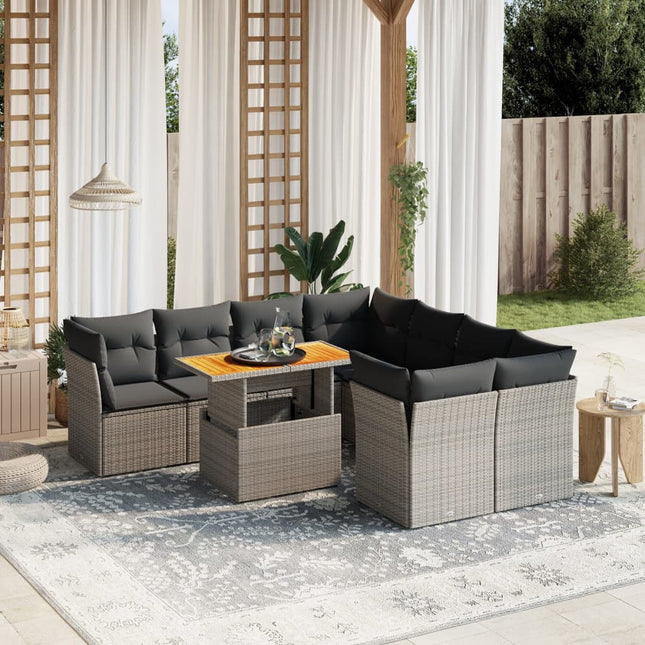 9-delige Loungeset met kussens poly rattan grijs