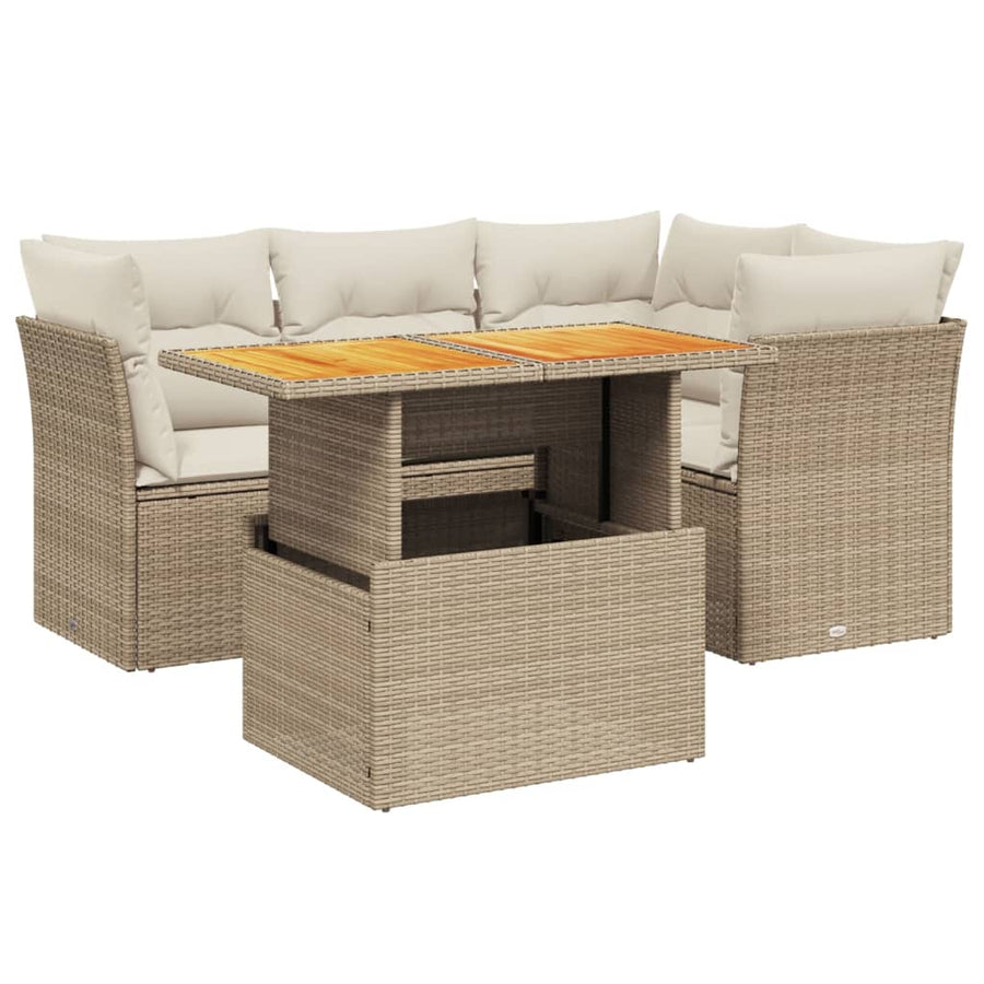 5-delige Loungeset met kussens poly rattan beige