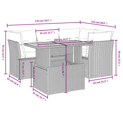 5-delige Loungeset met kussens poly rattan beige