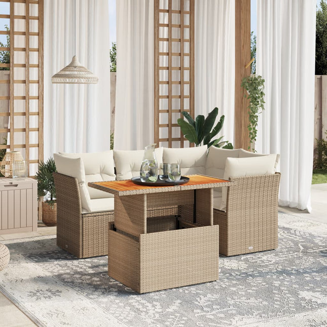 5-delige Loungeset met kussens poly rattan beige