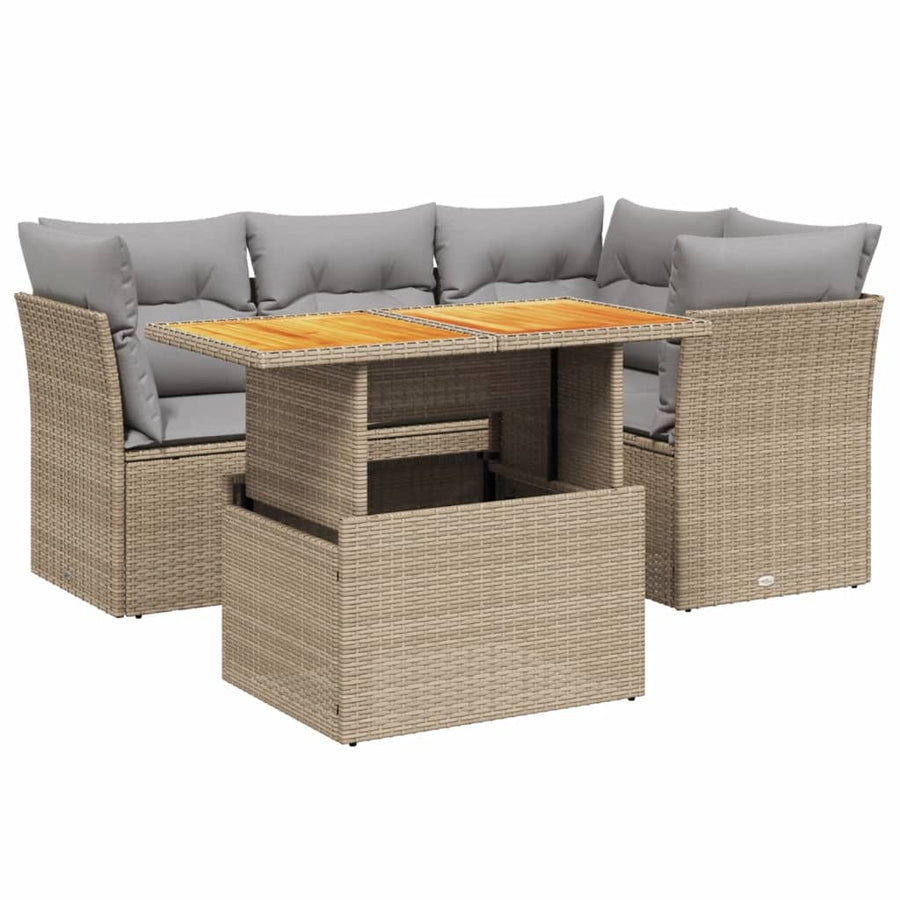 5-delige Loungeset met kussens poly rattan beige