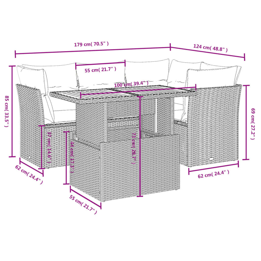 5-delige Loungeset met kussens poly rattan beige