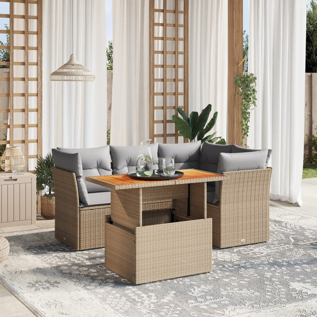 5-delige Loungeset met kussens poly rattan beige