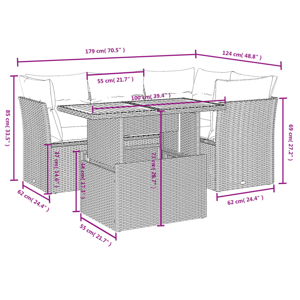 5-delige Loungeset met kussens poly rattan grijs