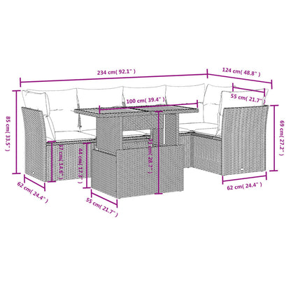 5-delige Loungeset met kussens poly rattan grijs