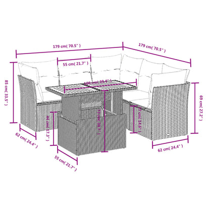 5-delige Loungeset met kussens poly rattan grijs
