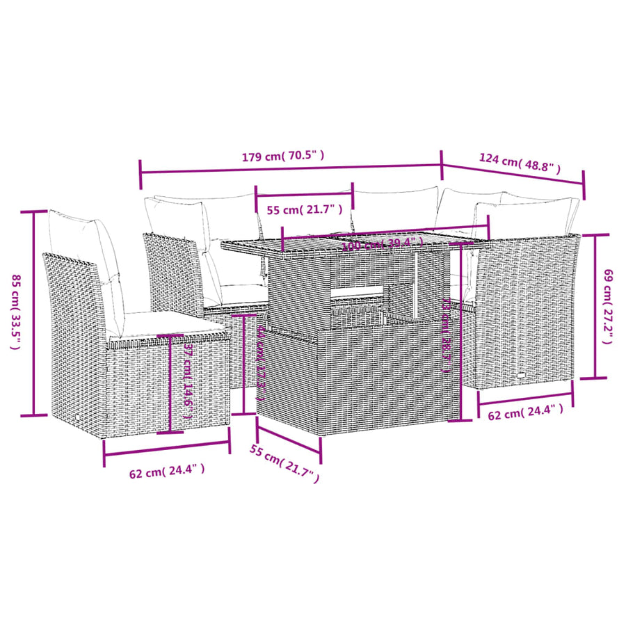5-delige Loungeset met kussens poly rattan beige
