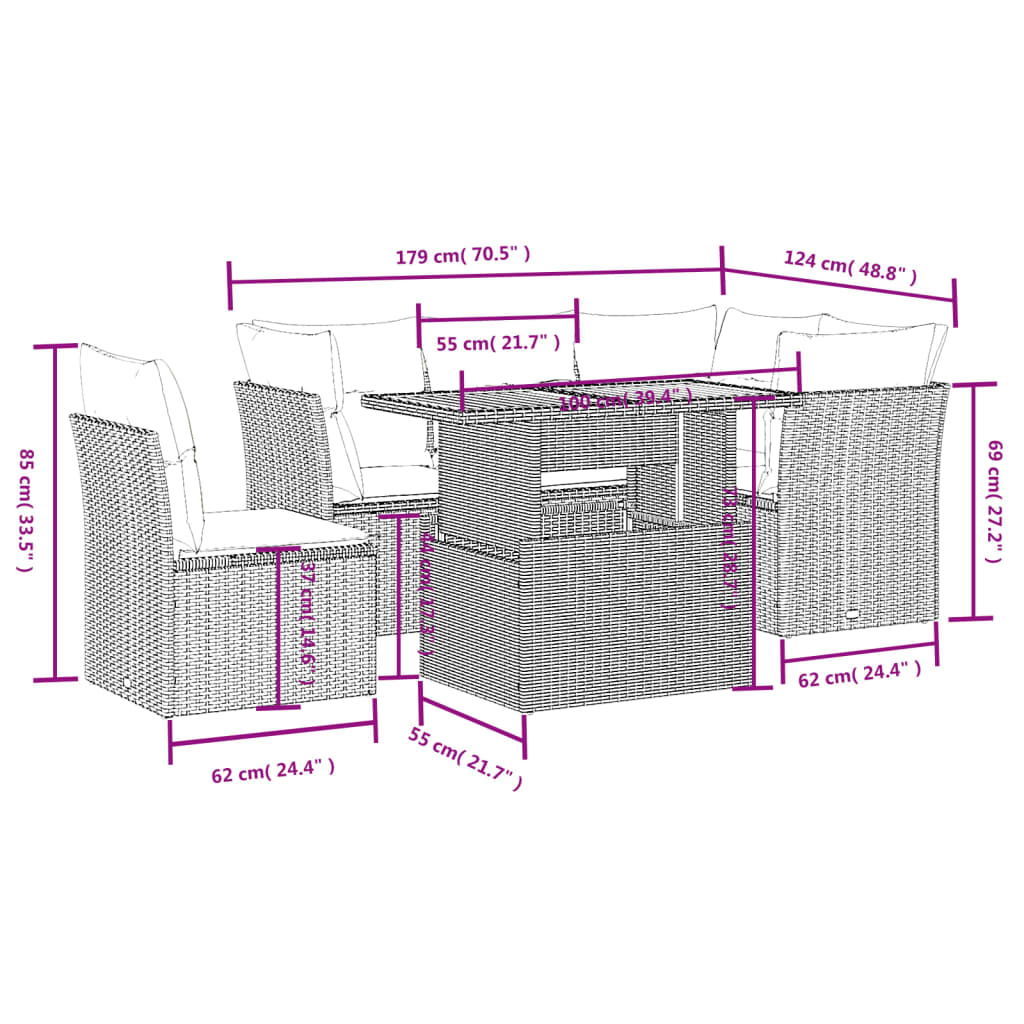 5-delige Loungeset met kussens poly rattan grijs