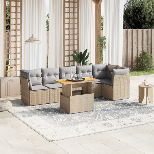 7-delige Loungeset met kussens poly rattan beige