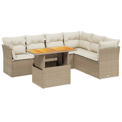 7-delige Loungeset met kussens poly rattan beige