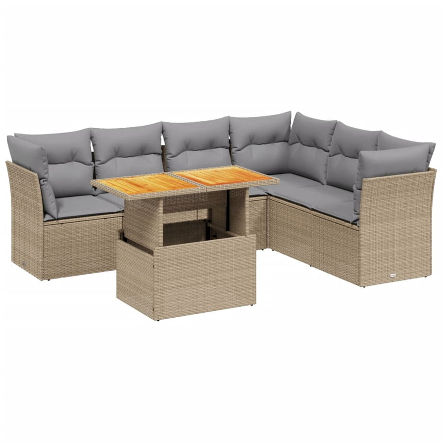 7-delige Loungeset met kussens poly rattan beige