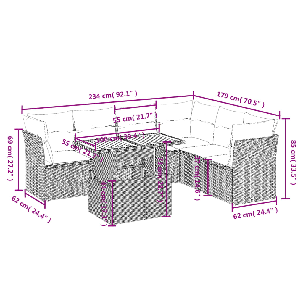 7-delige Loungeset met kussens poly rattan beige