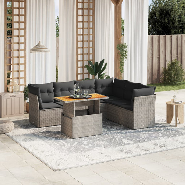 7-delige Loungeset met kussens poly rattan grijs