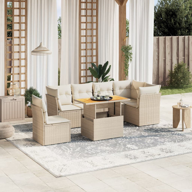 7-delige Loungeset met kussens poly rattan beige