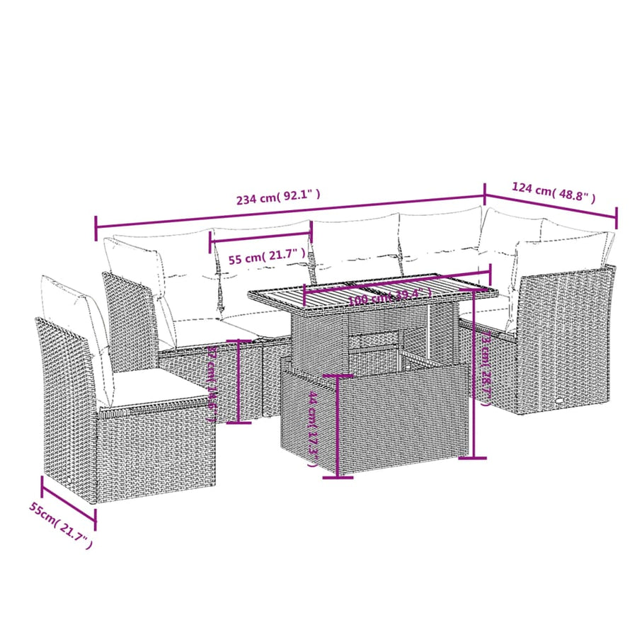 7-delige Loungeset met kussens poly rattan beige