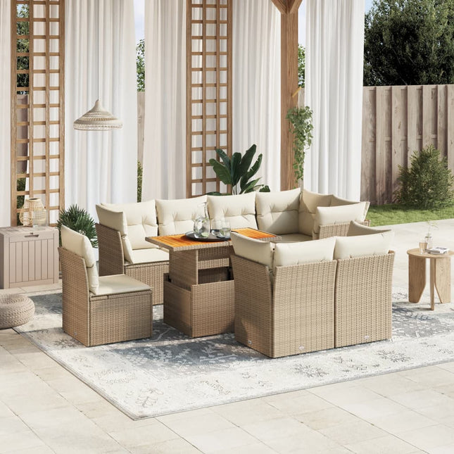 9-delige Loungeset met kussens poly rattan beige