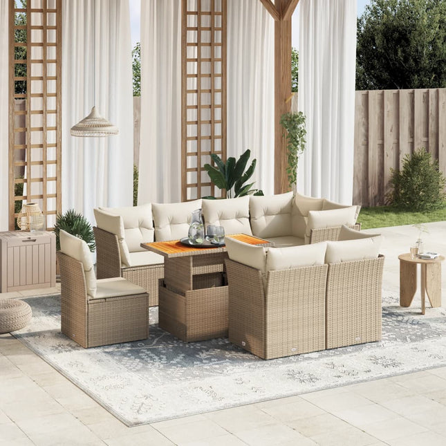 9-delige Loungeset met kussens poly rattan beige