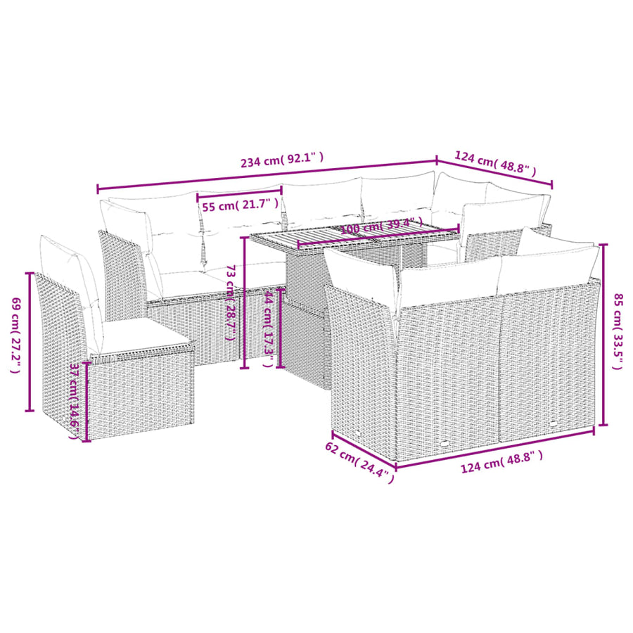 9-delige Loungeset met kussens poly rattan grijs