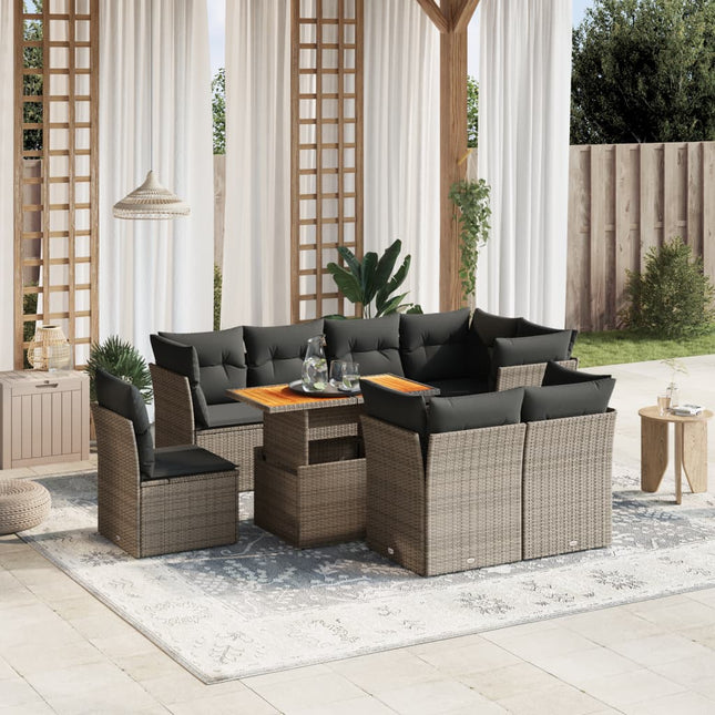 9-delige Loungeset met kussens poly rattan grijs