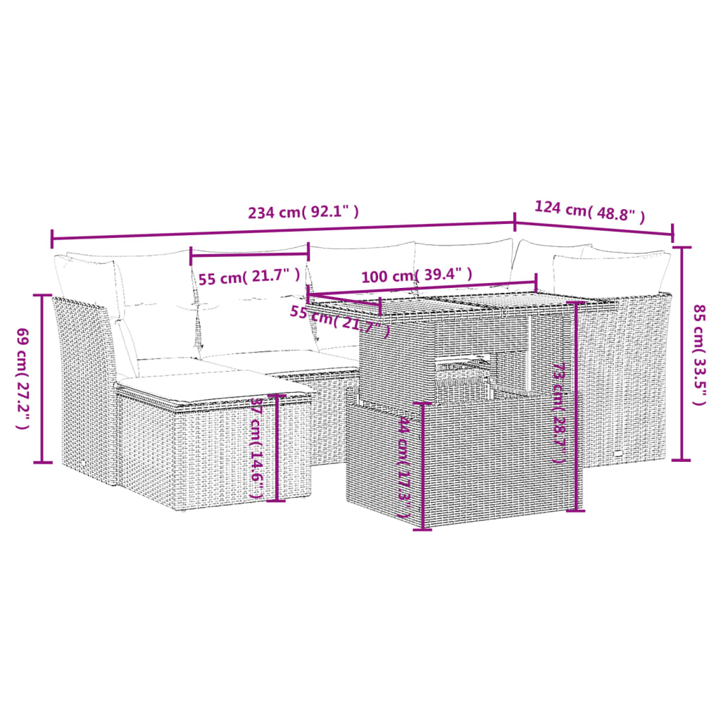 7-Delige Loungeset Met Kussens Poly Rattan Zwart
