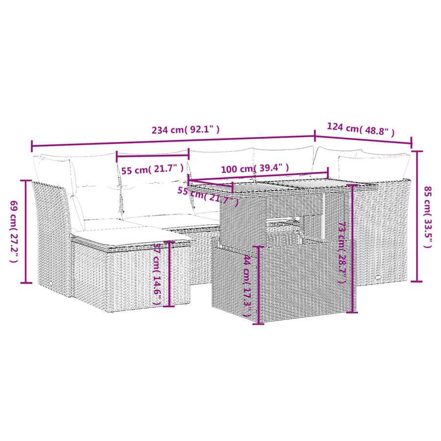7-delige Loungeset met kussens poly rattan beige